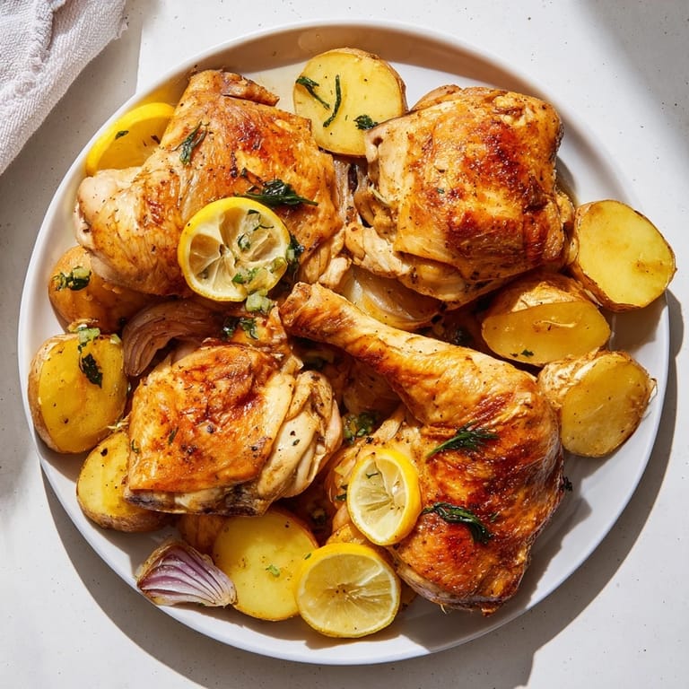 Aromatic One-Dish Baked Chicken Thighs with Lemon and Thyme, ready to serve with fresh parsley garnish.