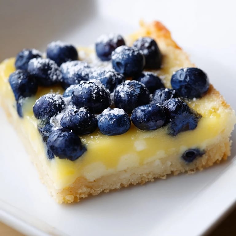Perfectly square, fresh-baked Decadent Lemon Curd and Blueberry Squares, with a lovely dusting of powdered sugar.