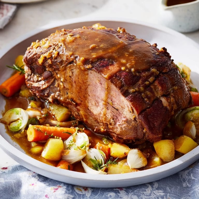 Golden-brown slow-roasted lamb shanks served with savory vegetables and rich, flavorful sauce.