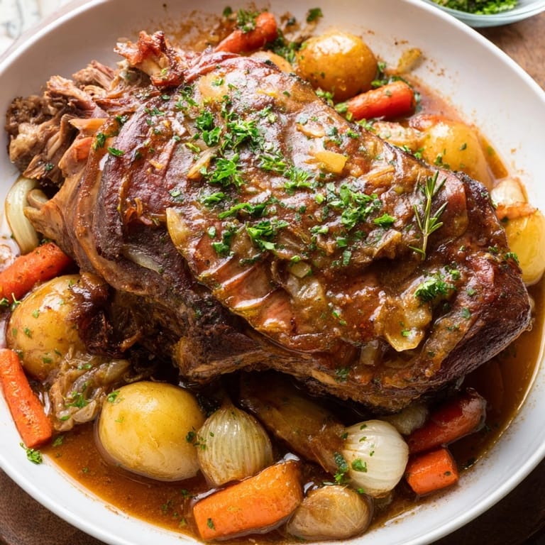 Mouthwatering image of slow-roasted lamb shanks: juicy, pull-apart meat with rosemary aroma.