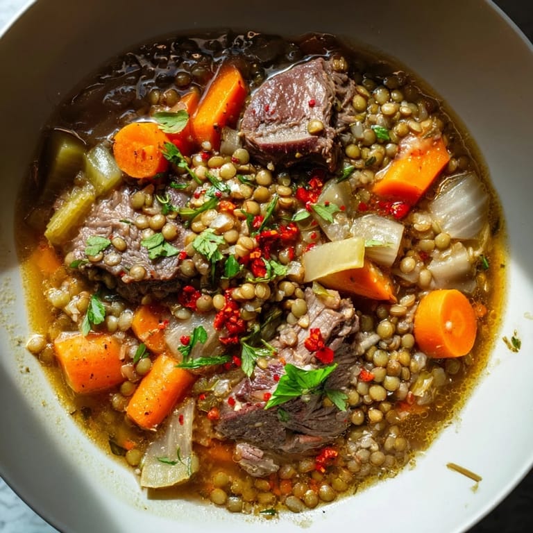 This warm, hearty One-Pot Spicy Beef and Lentil Soup is bubbling with tender beef and spices.