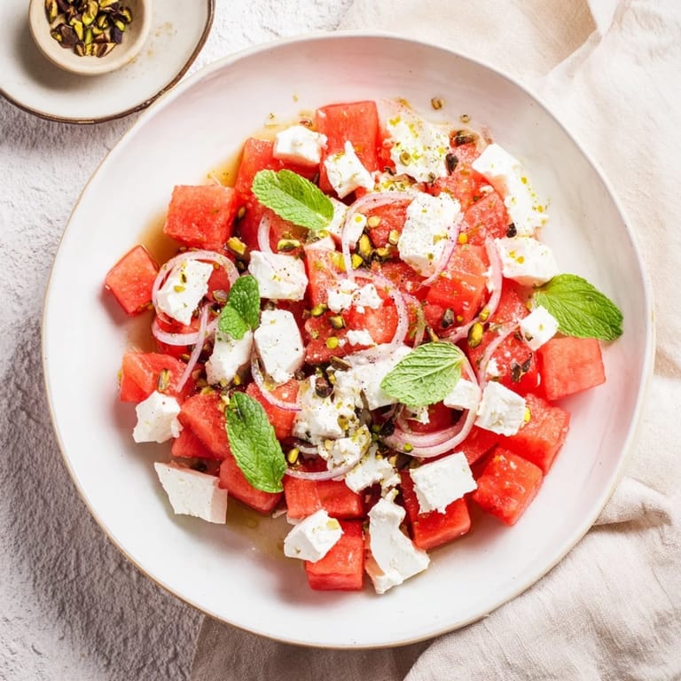 A close-up shot of Fresh Watermelon and Feta Salad with pistachios inviting a delicious, quick summer meal.