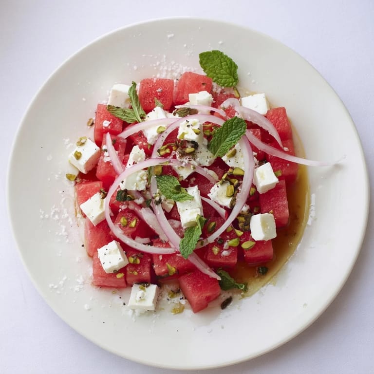 Refreshing Fresh Watermelon and Feta Salad, showcasing red onion and mint, drizzled with sweet balsamic glaze.