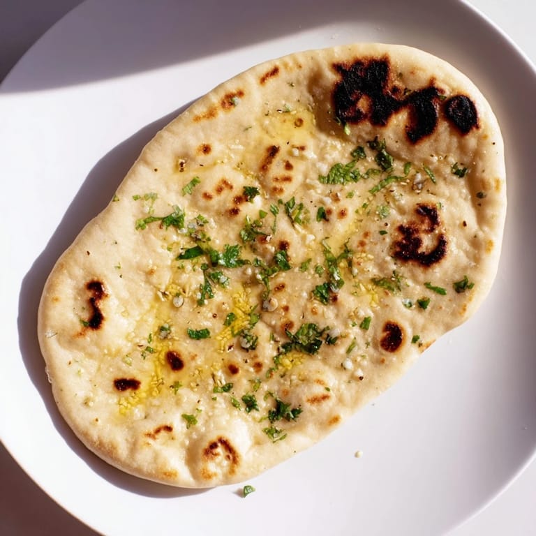 Image of soft, pillowy Homemade Garlic Naan Bread dotted with savory brown spots, just out of the pan.