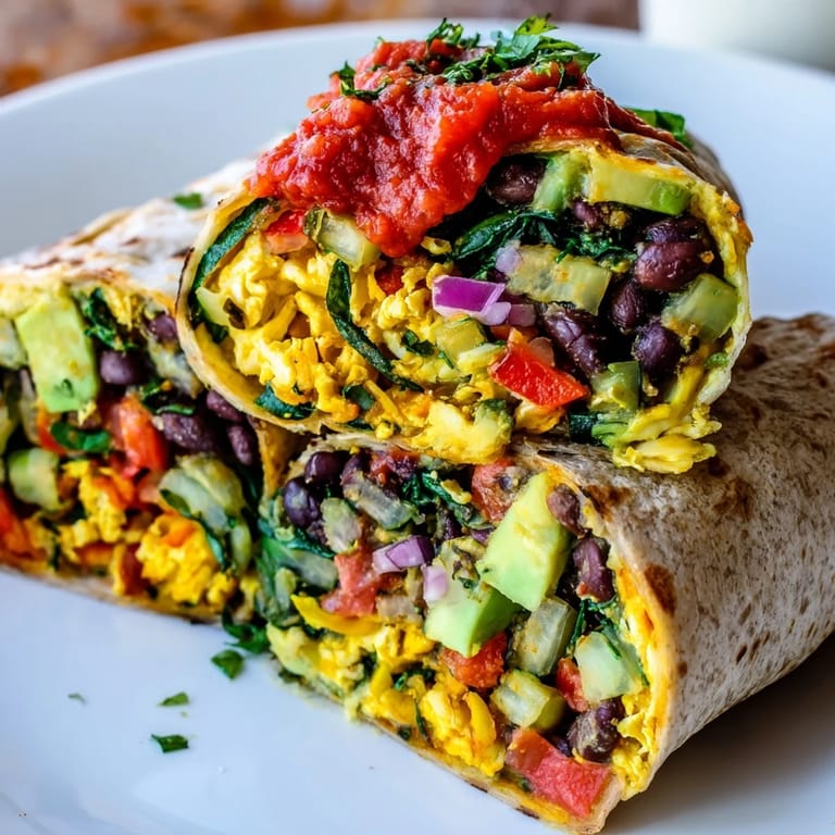 Golden-yellow scrambled eggs spilling from a Veggie-Loaded Breakfast Burrito, ready to eat with salsa.