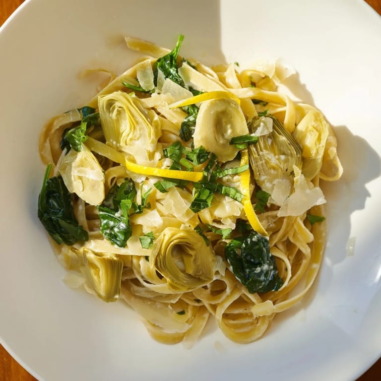 Tender artichoke hearts are featured in this creamy lemon artichoke pasta, perfect for dinner.