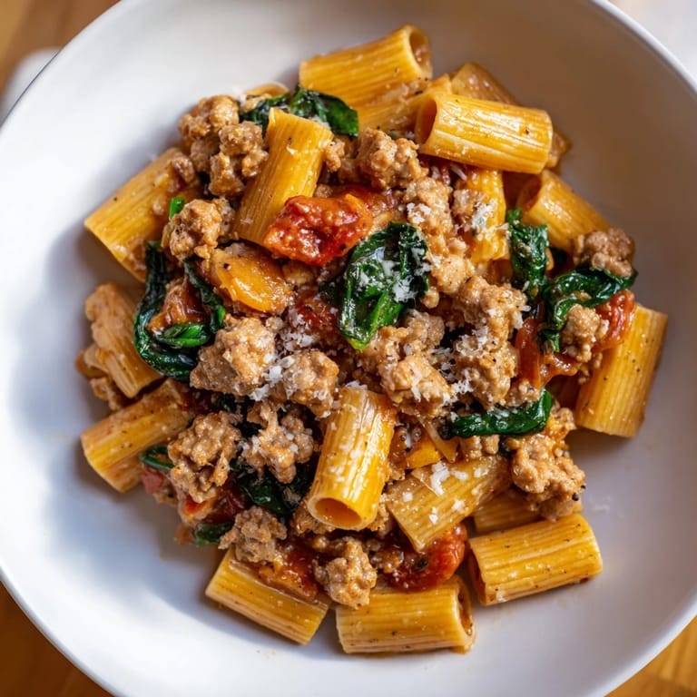 Creamy One-Pot Italian Sausage Tomato Pasta, showcasing sausage with a vibrant tomato sauce.