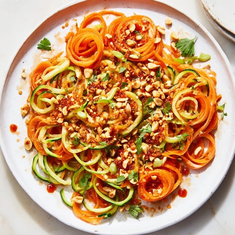 Fresh, crunchy Spicy Cucumber Noodle Bowl, ready to eat, with bright greens and a spicy kick.