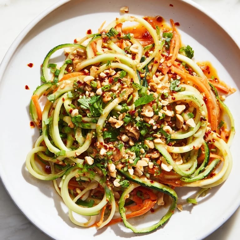 Close-up of a refreshing Spicy Cucumber Noodle Bowl, drizzled with chili oil and garnished.