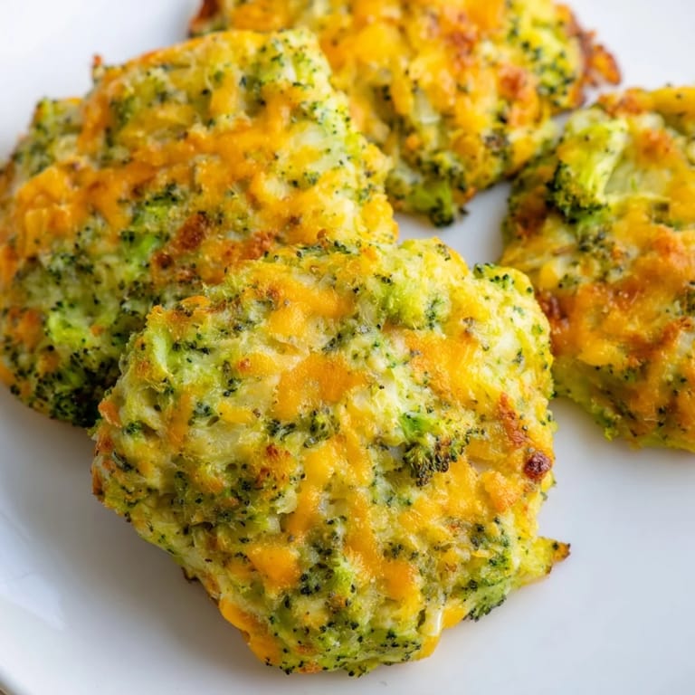 Close-up image of a stack of cheesy, crispy Broccoli Patties, ready for dipping and enjoying.