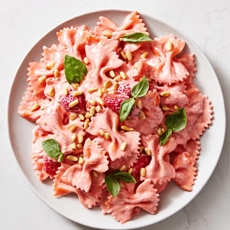 A delicious, creamy bowl of Strawberry Sour Cream Pasta, perfect for a vegetarian main course.