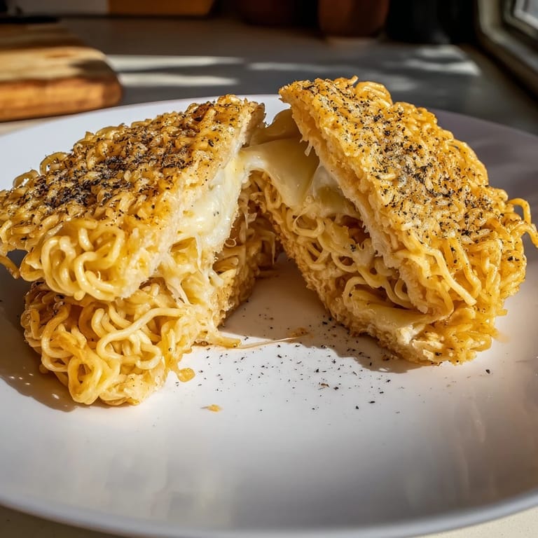 Crispy ramen noodle buns with a melted cheese filling; this Ramen Grilled Cheese is a fun lunch.