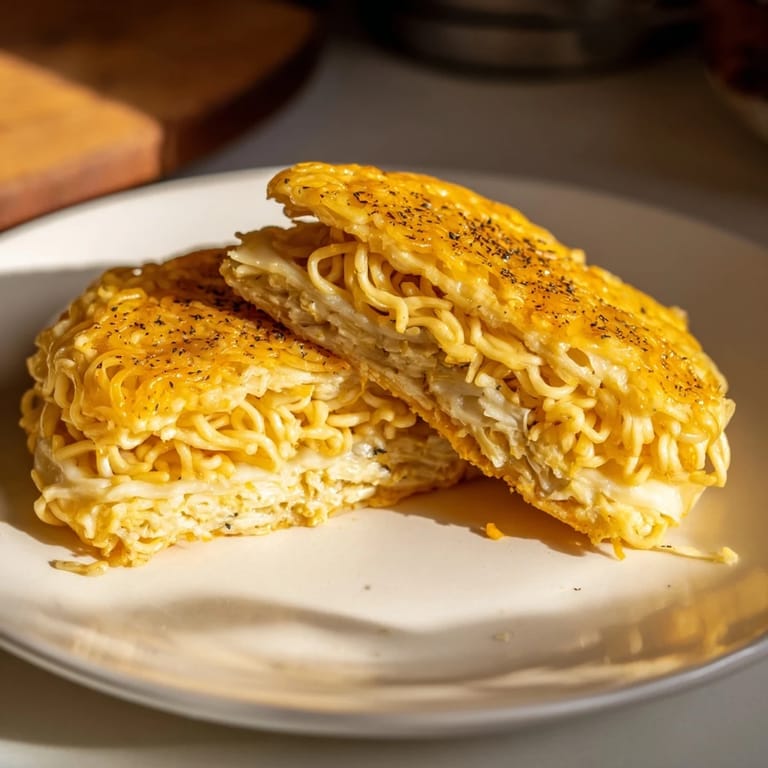 A close-up of the delicious Ramen Grilled Cheese, showing the perfectly gooey cheese pull.