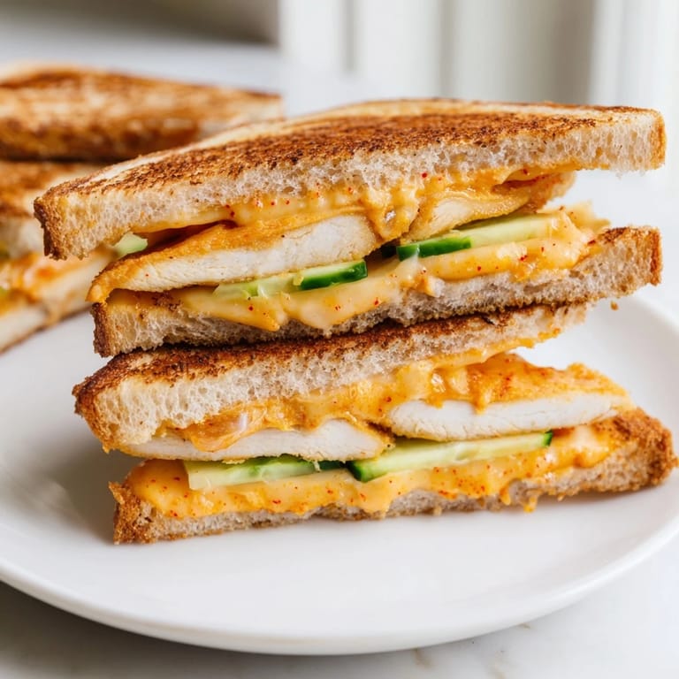 Savory Gochujang Mayo Chicken Sandwich grilled cheese, made with flavorful Korean-inspired ingredients, ready to eat.