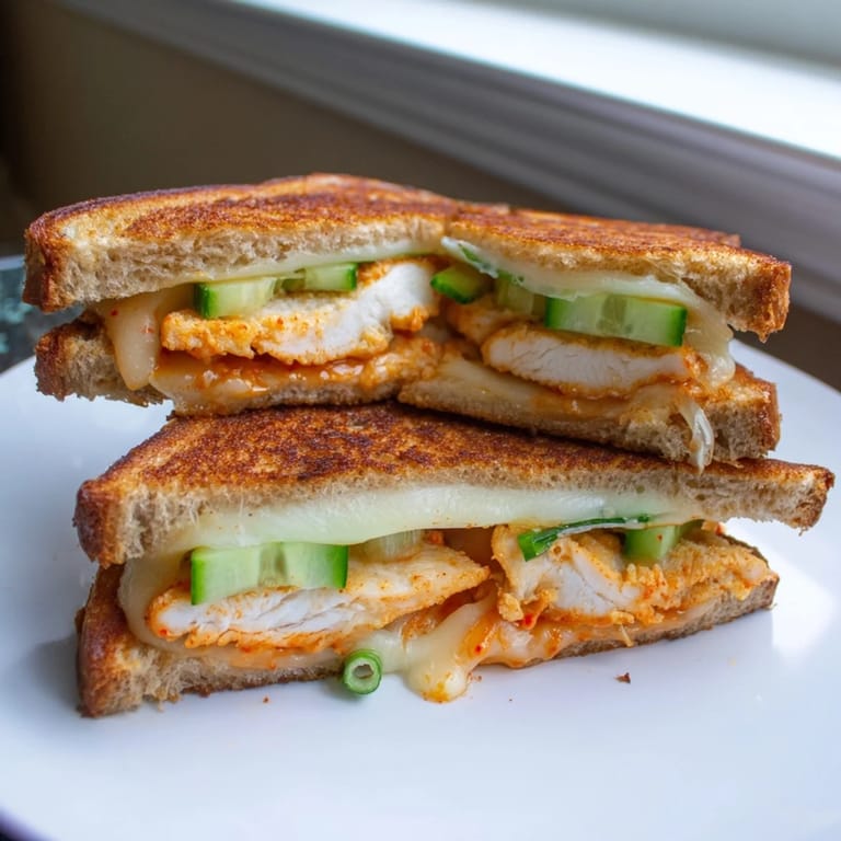 Melted cheese pull from a warm Gochujang Mayo Chicken Sandwich grilled cheese, perfect for a comfort-food craving.