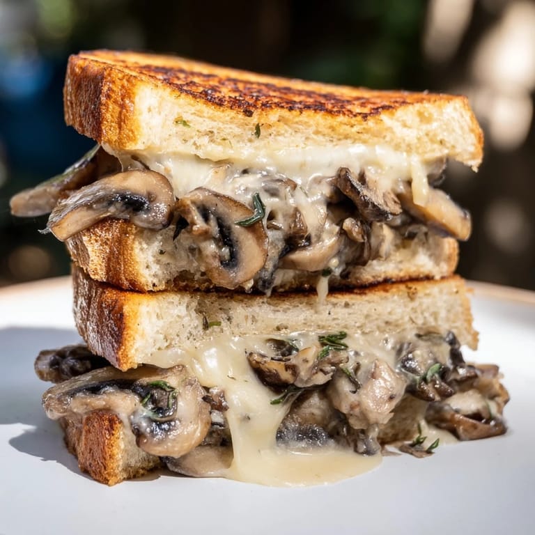 Melting Swiss and sautéed mushrooms create a flavorful creamy mushroom grilled cheese, perfect for lunch.