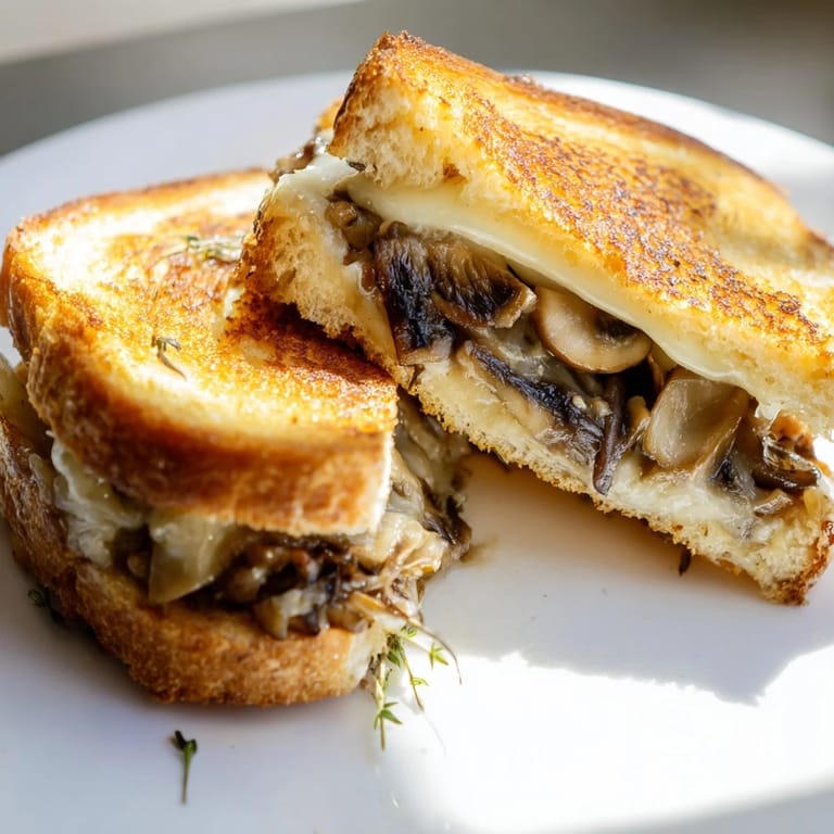 Golden-brown, bubbly creaminess of a creamy mushroom grilled cheese, hot and ready to serve.