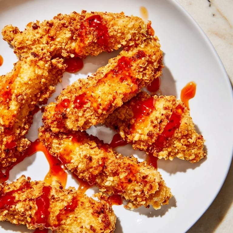 Savory and crispy, these Panko Chicken Tenders boast a sweet and spicy hot honey glaze, delicious!