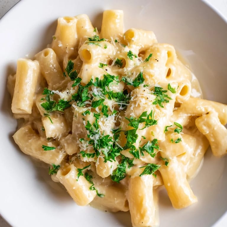 Golden, perfectly coated ditalini pasta, showcasing the creamy garlic sauce and fresh parsley garnish.
