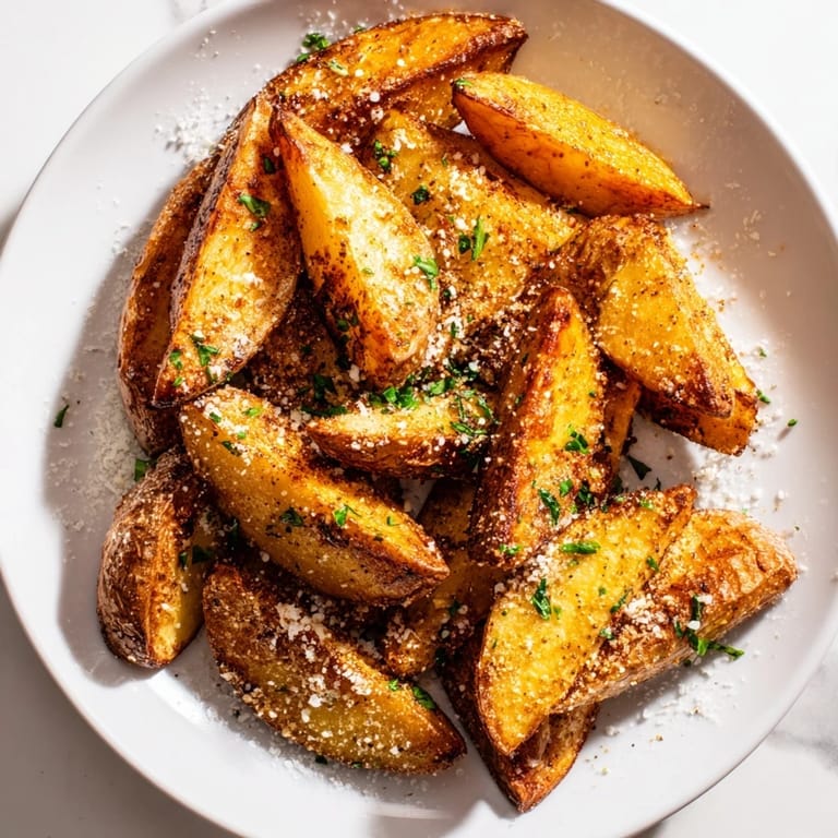 A close-up of Rosemary Parmesan Potato Wedges, showing the cheese and herbs enhancing delicious flavor.
