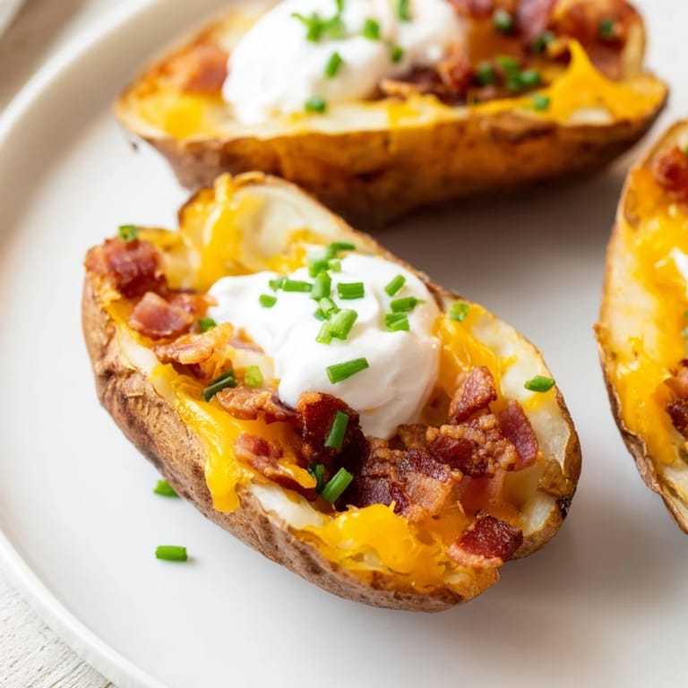 Smoky bacon and cheddar cheese overflow from delicious, perfectly baked Loaded Potato Skins.