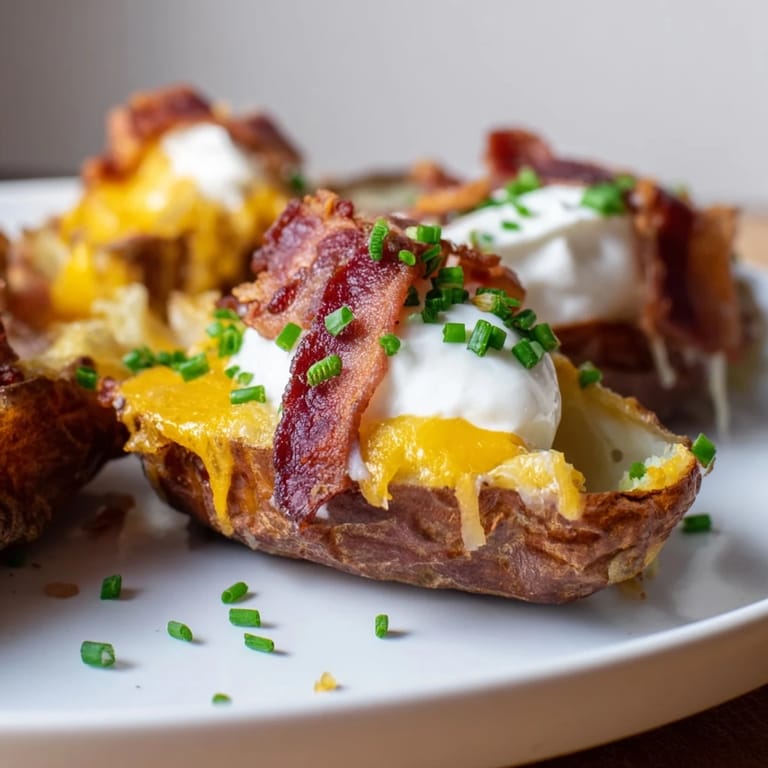 Mouthwatering Loaded Baked Potato Skins topped with cool sour cream, ready to devour as an appetizer.