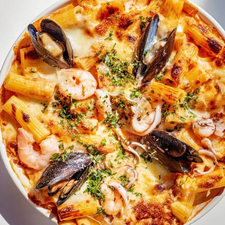 Close-up of a creamy seafood pasta bake featuring tender shrimp, mussels, and a rich tomato sauce.