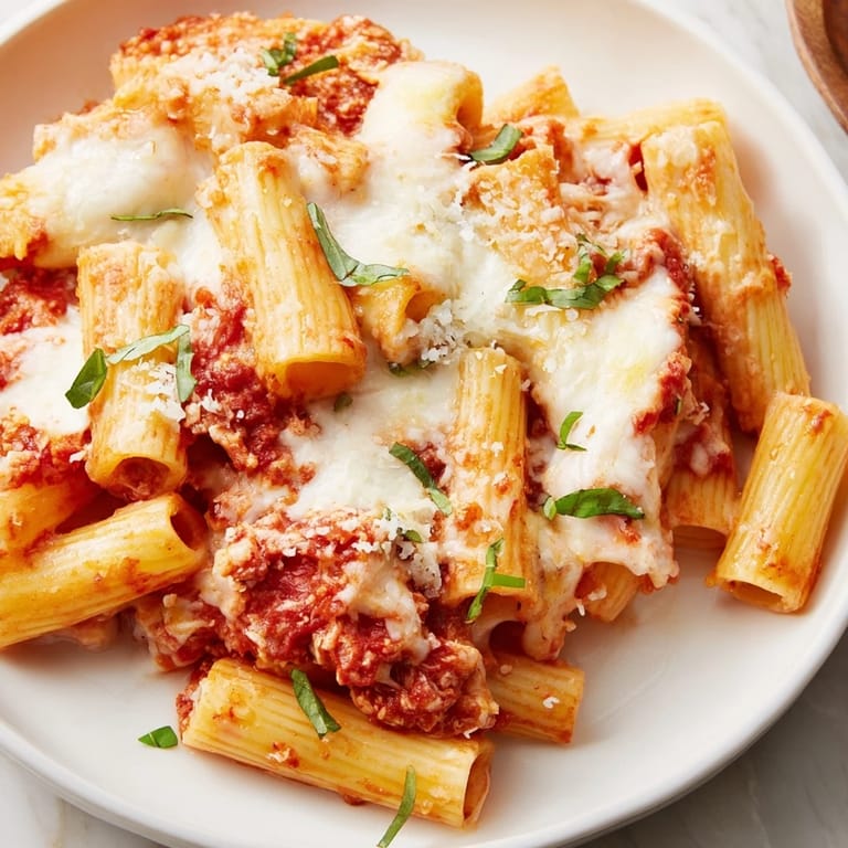 Golden-brown, baked Cheesy Baked Ziti, with melted mozzarella and rich marinara sauce visible.