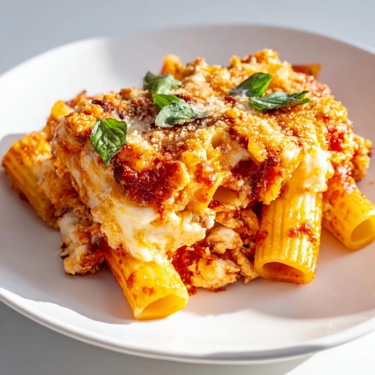 A close-up of a steaming bowl of Four Cheese Baked Pasta with melted cheese and herbs.