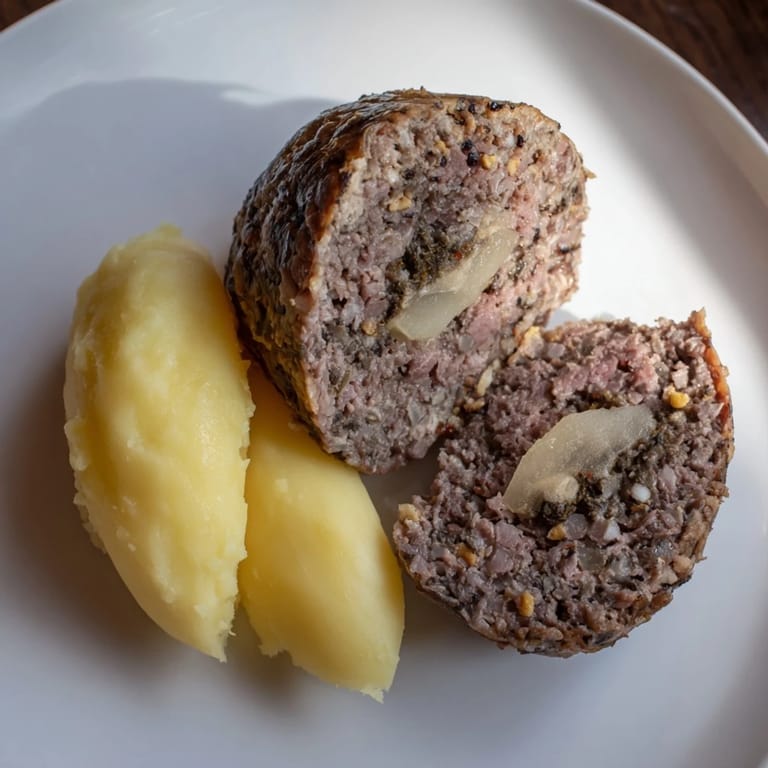 A close-up of a rustic plate of Scottish haggis, revealing its textures alongside turnips and potatoes.