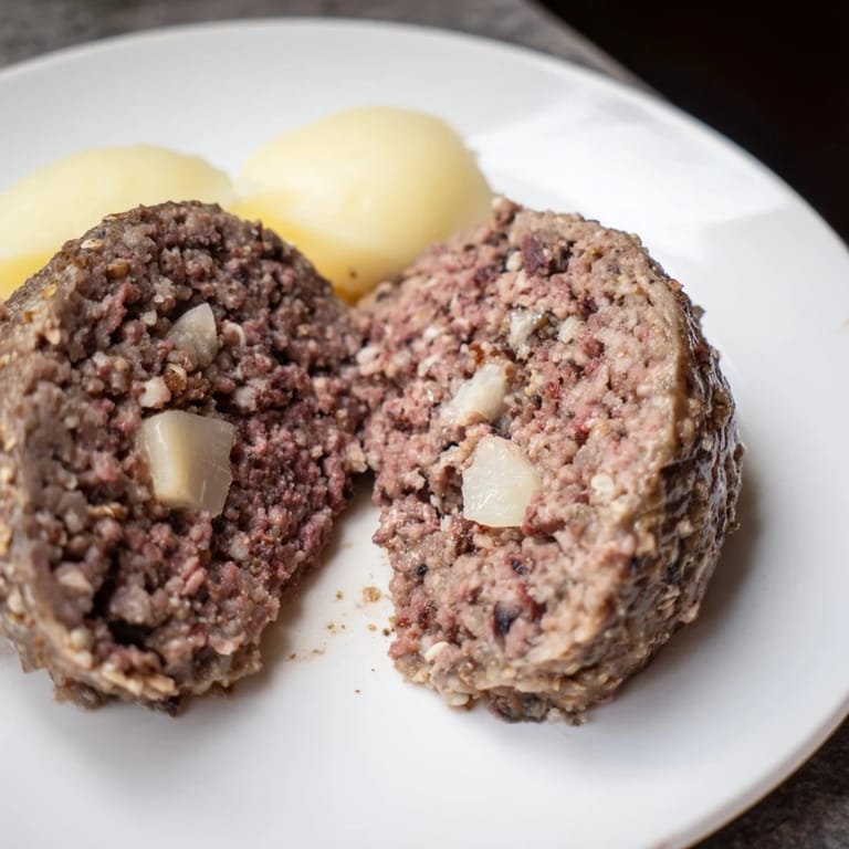 Hot, traditional Scottish haggis, a hearty dish with aromatic spices, ready to be enjoyed.