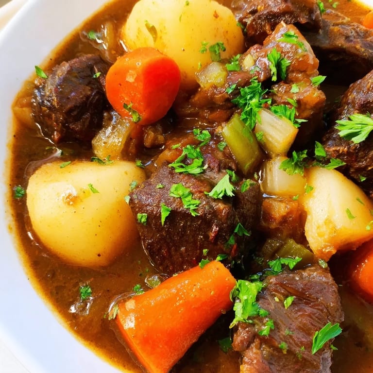 Steaming, savory Irish Beef Stew, full of potatoes, carrots, and onions, ready to warm you up.