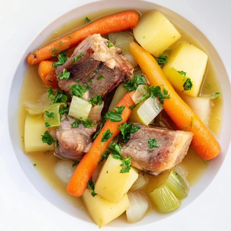 Close up shot of Welsh Cawl, a flavorful stew with lamb and vegetables, ready to be served.