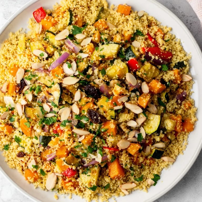 Close-up shot shows a delicious Moroccan couscous salad garnished with fresh mint and almonds.