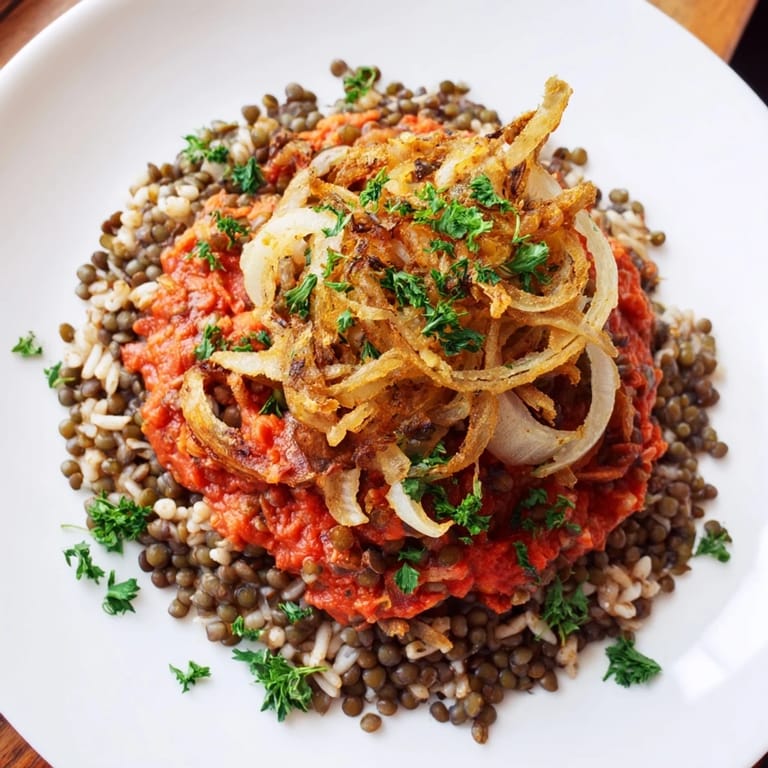 Hearty vegan Egyptian Koshari, layered with spiced tomato sauce and topped with golden, fried onions ready to serve. 