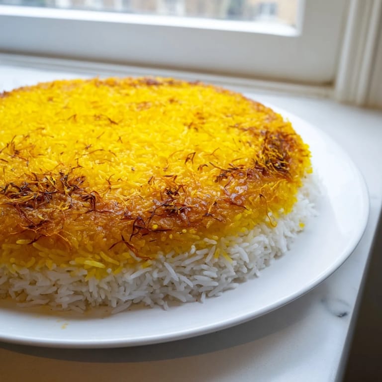 A close-up of crispy, delicious Persian Tahdig rice, beautifully caramelized in the cooking pot.