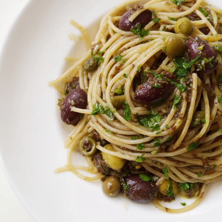 Olive Tapenade Pasta is served warm on a white plate, with olives, capers, and a sprinkle of Parmesan for a Mediterranean main dish.  