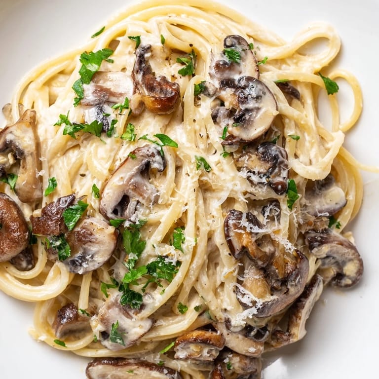 A steaming bowl of creamy mushroom linguine, featuring a velvety sauce with garlic and fresh herbs.  