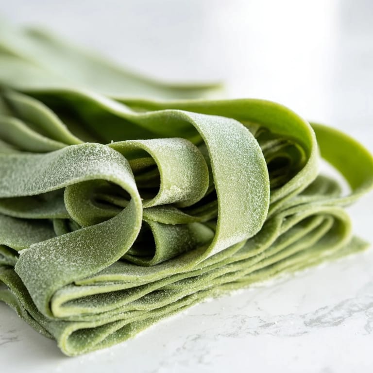 A rustic kitchen scene showing freshly cut spinach pasta noodles drying on a wooden rack, ready to cook.