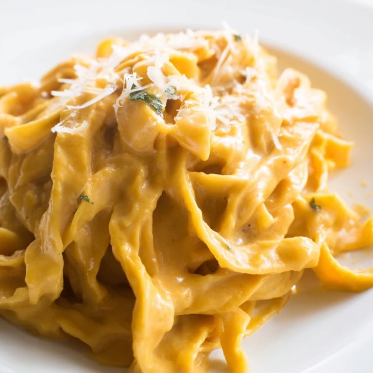 A fork lifts tender butternut squash pasta from a velvety orange sauce, with Parmesan and sage.
