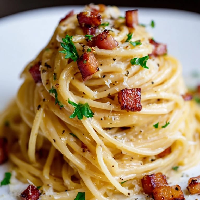 Serving suggestion for Crispy Bacon Linguine, garnished with lemon zest and extra Parmesan, paired with white wine.
