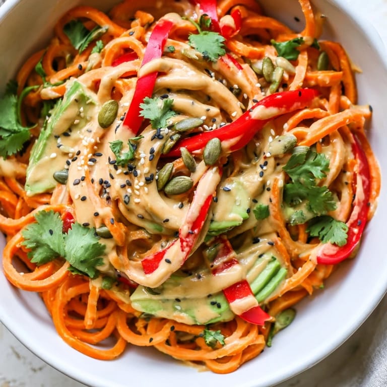 Bright orange spiralized carrot noodles in a Carrot Noodle Skincare Bowl, paired with baby spinach, red bell pepper, and cucumber slices for a nourishing lunch.