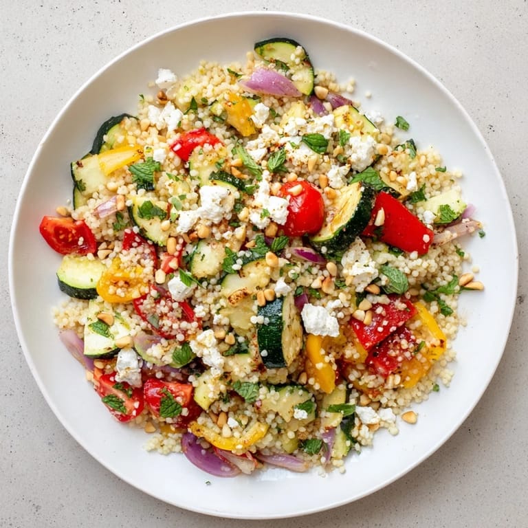 A serving of Roasted Veggie Couscous Salad topped with feta, fresh herbs, and toasted pine nuts.