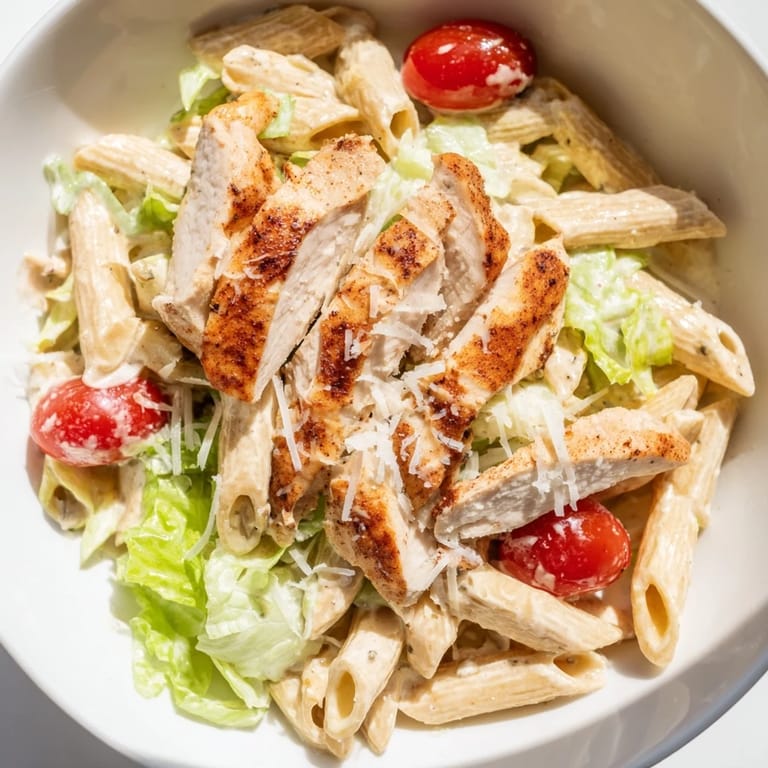 Hearty Spicy Chicken Caesar Pasta topped with parmesan, croutons, and cherry tomatoes in a rustic serving bowl.  