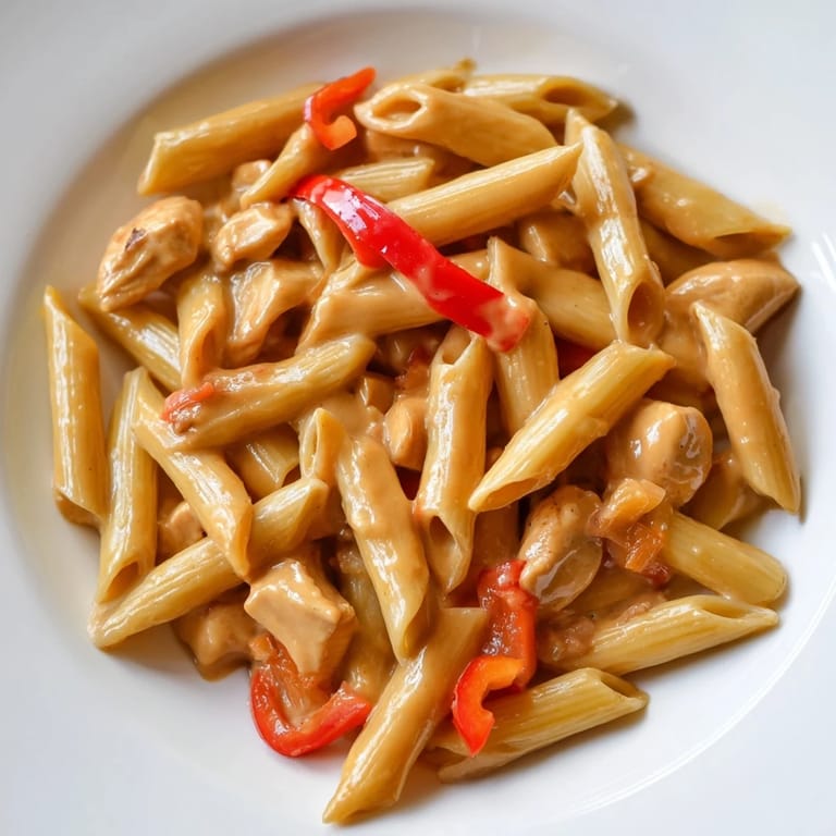 A vibrant Sweet Chili Chicken Pasta plate featuring golden chicken, al dente pasta, and a sweet and spicy cream sauce.