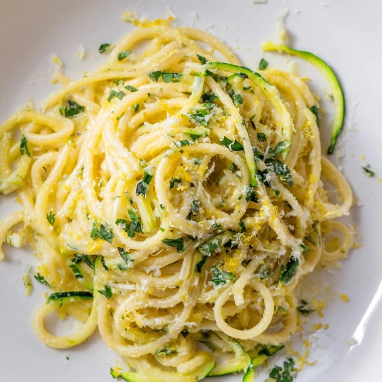 A close-up of Lemon Zucchini Pasta shows spiralized zucchini mingling with spaghetti in a buttery, lemon-forward sauce, garnished with fresh parsley and a dusting of Parmesan.