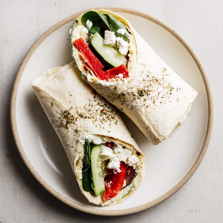 Mediterranean Veggie Wrap served on a wooden board, showcasing the colorful, tangy, and fresh ingredients for a quick vegetarian lunch.