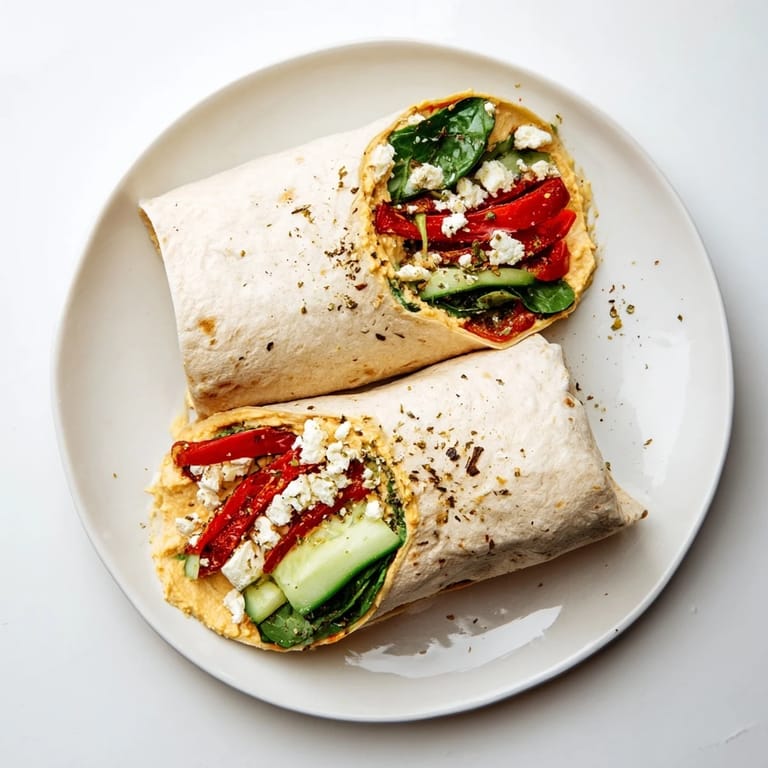 Freshly rolled Mediterranean Veggie Wrap with vibrant red peppers, crumbled feta, and crisp spinach leaves visible on a soft tortilla.  