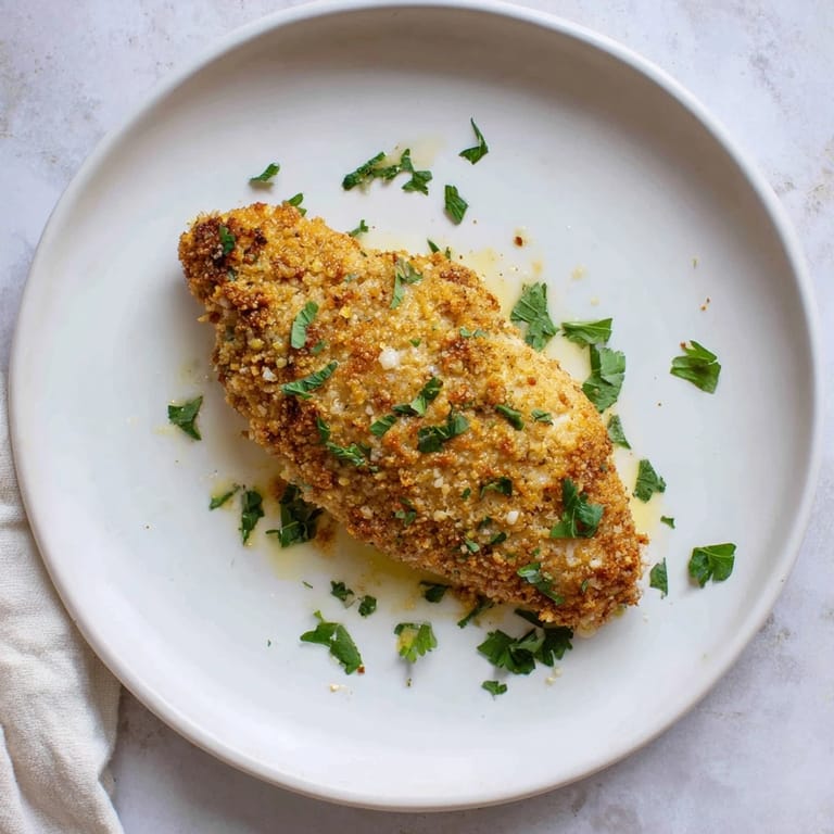 Tender chicken breast coated in a savory garlic butter and Parmesan crust, baked to perfection and garnished with fresh parsley for a weeknight dinner.