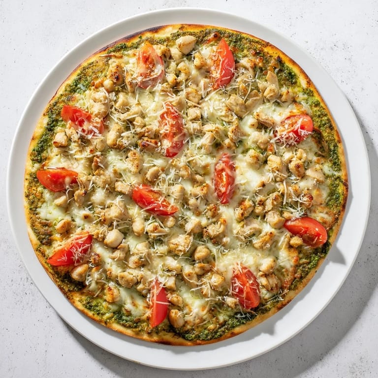 Golden-brown Chicken Pesto Pizza with fragrant basil pesto, tender chicken, and bubbling cheese, served on a rustic wooden cutting board.  
